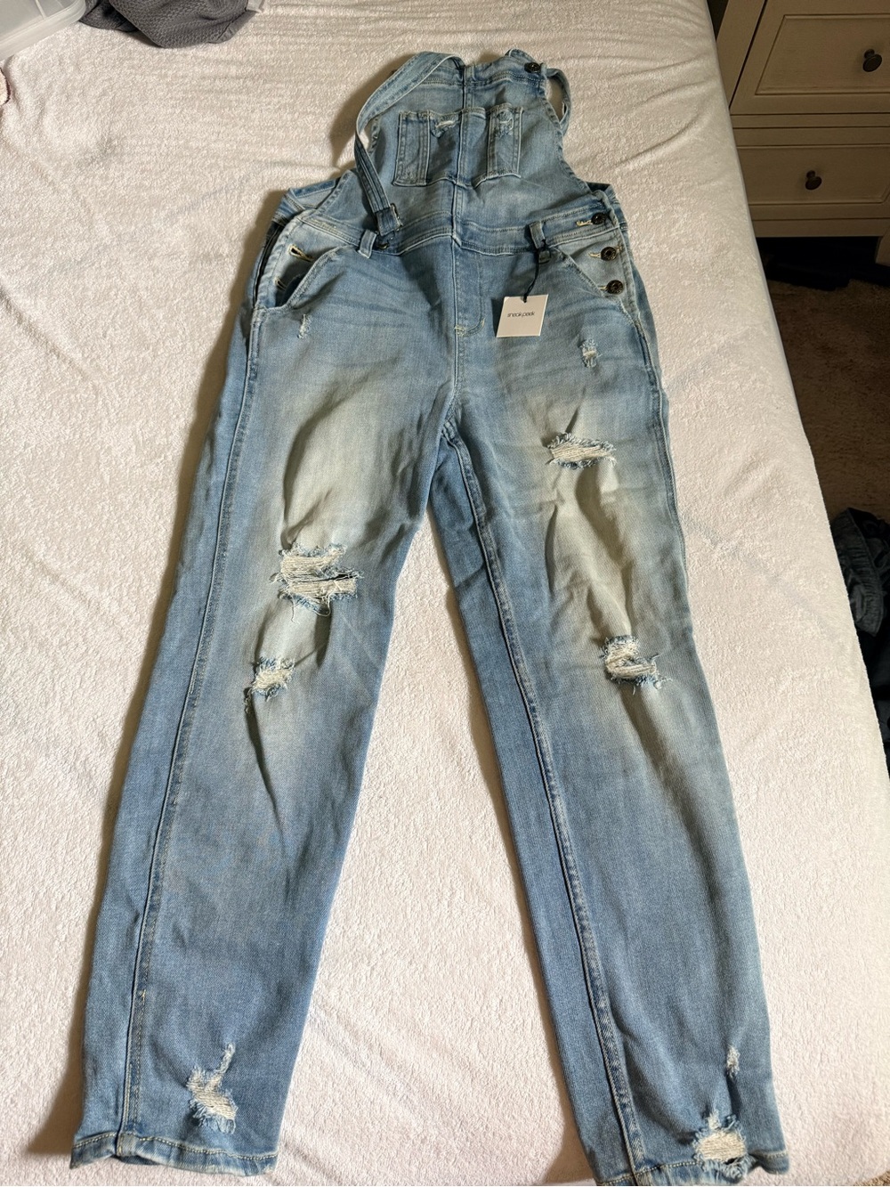 Sneak Peek Light Blue Distressed Women's Denim Overalls
